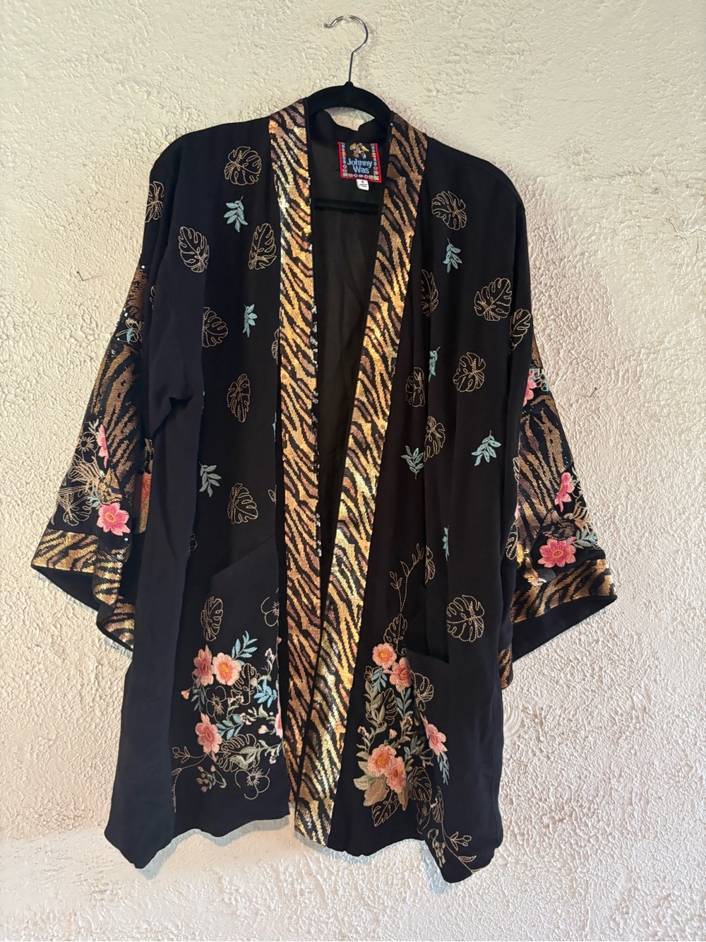 Vintage-Inspired Black Floral Embroidered Kimono Jacket. Johnny Was